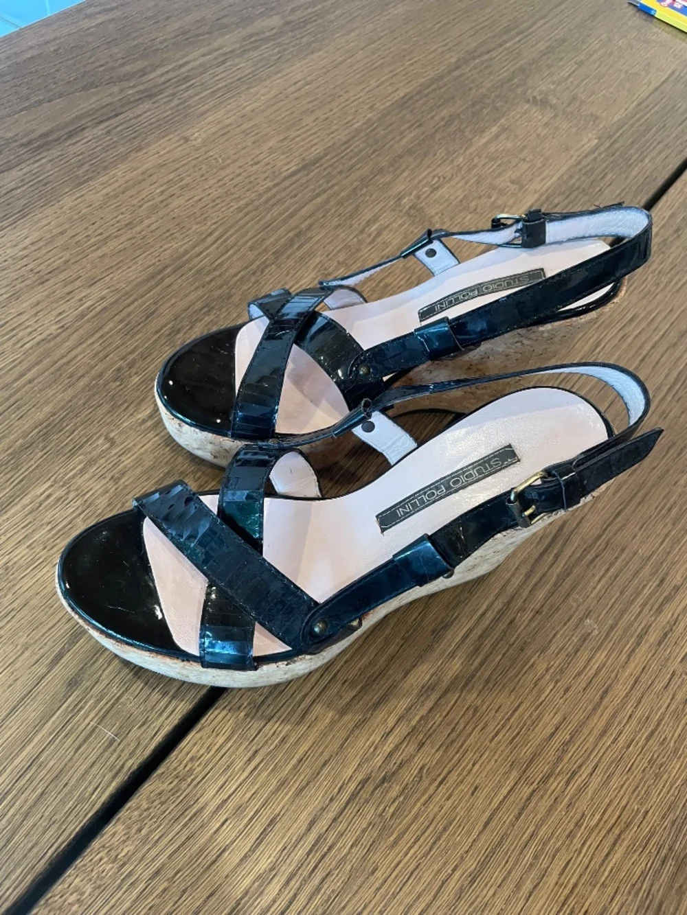 Studio Pollini Black Patent Leather Cork Wedge Sandals Made in Italy US7-7.5